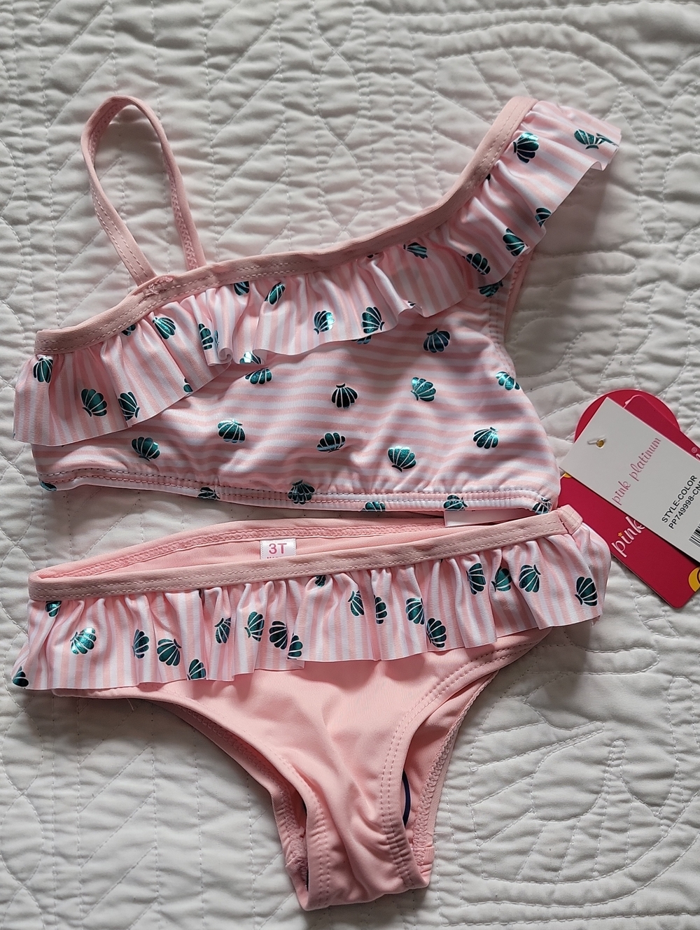 Pink Platinum Pink Ruffle Teal Metallic Seashell Print Girls Bikini
